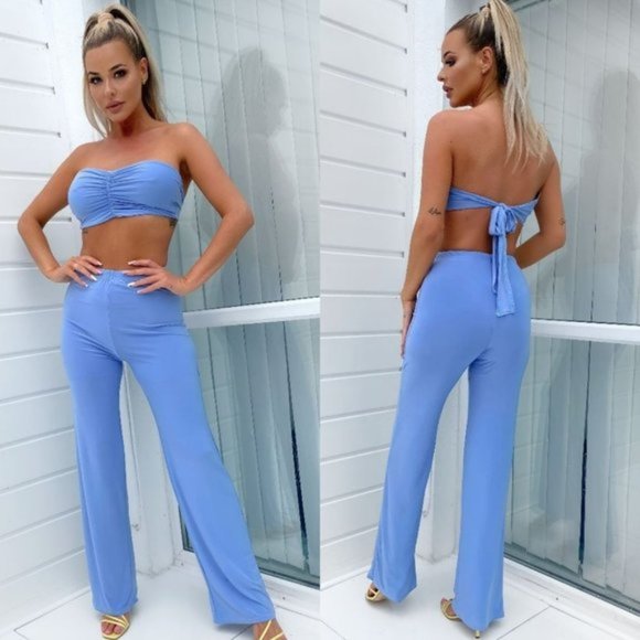 Pants - Blue Strapless Crop Top and High Waist Wide Leg Pants Two Piece Set